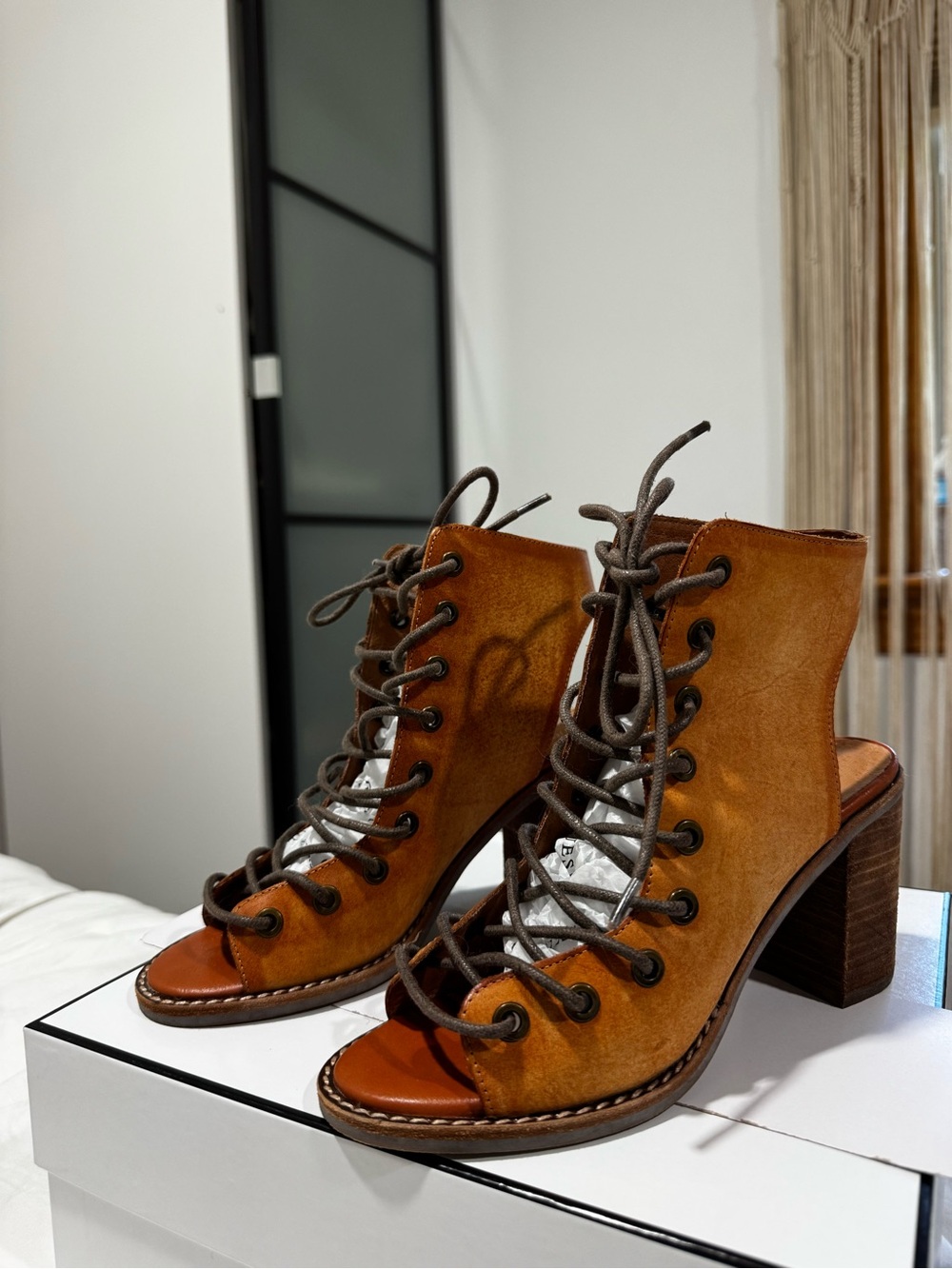 Jeffrey Campbell x Free People Lace-Up Open-Toe Leather Heels in Tan - Picture 2 of 16